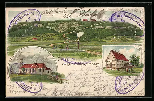 Lithographie Spaichingen, Dreifaltigkeitsberg, Kirche und Gasthaus