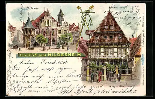 Lithographie Hildesheim, Rathaus, Gasthaus Weinhandlung zur Domschenke