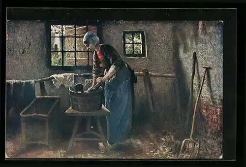 Künstler-AK Waschfrau bei der Arbeit in ihrer Arbeitstracht