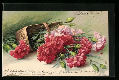 Präge-Lithographie Korb voller Nelken in rot und rosa