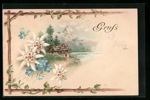 Lithographie Edelweiss und Hütte am Ufer des Bergsee, Gebirgsblick