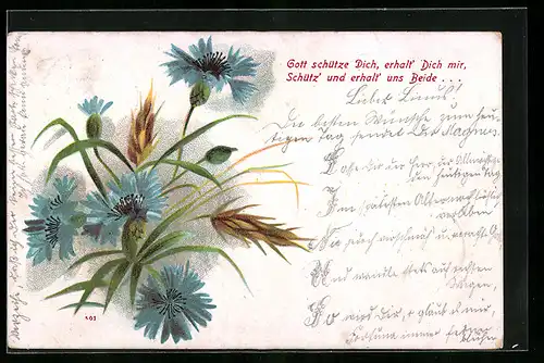 Lithographie Kornblume mit Weizenähren
