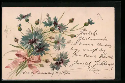 Lithographie Kornblumen mit einer Schleife zu einem Strauss gebunden