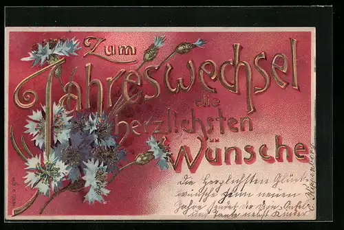 Präge-Lithographie Kornblumen, Straussgebinde und Neujahresgrüsse, goldene Schrift