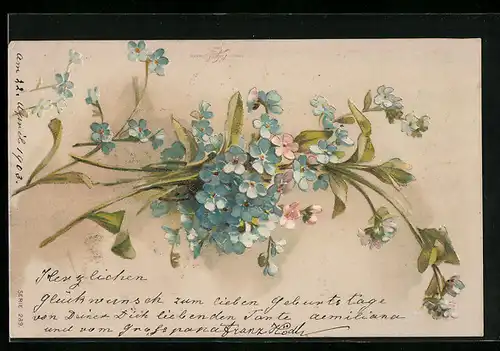 Lithographie Vergissmeinnicht zum Strauss gebunden