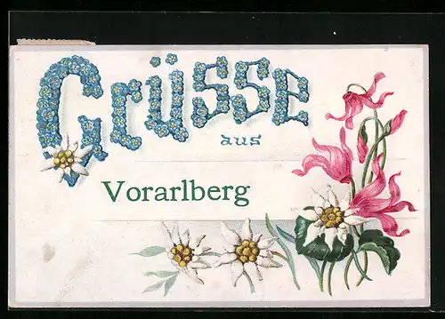 Lithographie Vorarlberg, Veilchen in voller Blüte, Blumengrüsse