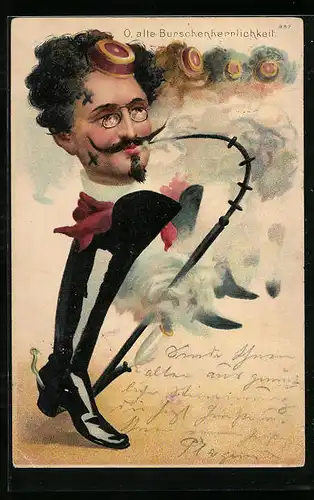 Lithographie Studenteiner Burschenschaft mit Pfeife und Stiefeln, studentische Szene