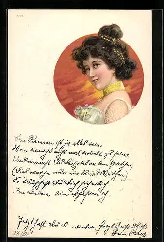 Präge-Lithographie Dame mit Hochsteckfrisur und Schmuck im Haar, Jugendstil