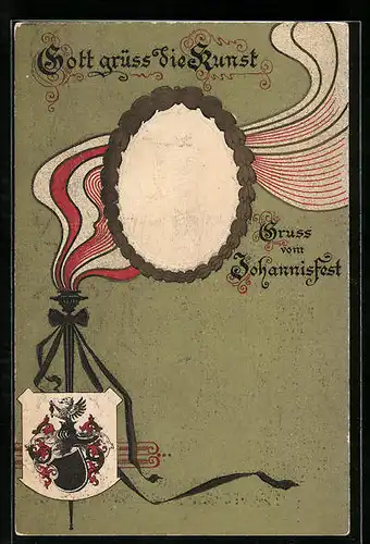 Künstler-Präge-AK Johannisfest, Portrait Gutenberg, Wappen, Buchdruck