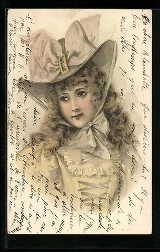 Lithographie Junge Dame mit Schleifchen-Hut portraitiert, Jugendstil