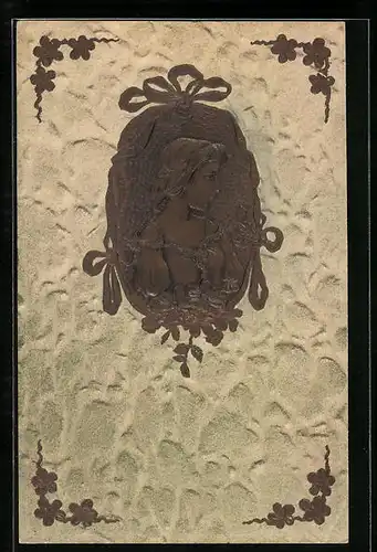 Präge-Künstler-AK Mädchen mit Blumen und Schleifen, Jugendstil