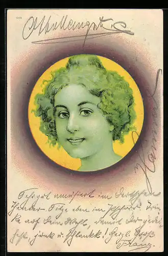 Lithographie Damenportrait in grellen Farben, Jugendstil