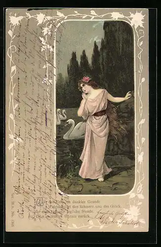 Präge-Lithographie Dame in rosafarbenen Kleid am Ufer, Schwäne auf dem See, Jugendstil