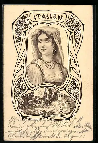 Präge-Künstler-AK Italien, Dame in Tracht mit Schleier auf dem Haupt, Tempelanlagen, Jugendstil