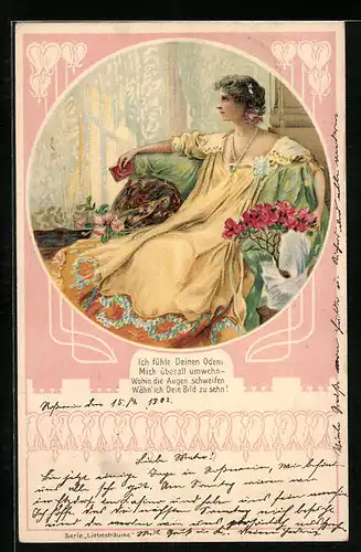 Lithographie Dame im gelben Kleid lässt die Gedanken an ihren Liebsten schweifen, Jugendstil
