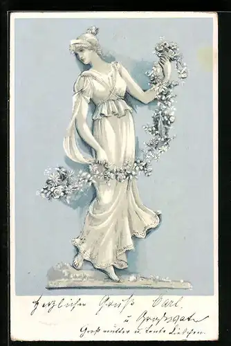 Präge-Lithographie Dame im weissen kleid mit Blumenzier, Jugendstil