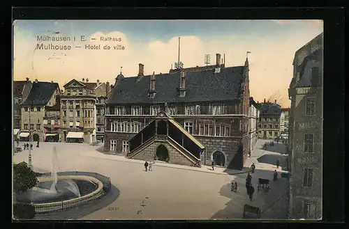 AK Mülhausen i. E., Brunnen vor dem Rathaus