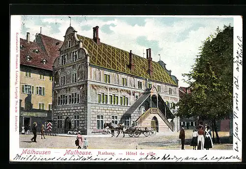 Lithographie Mülhausen i. E., Kutsche vor dem Rathaus