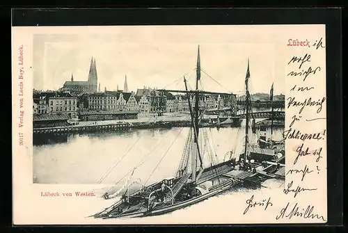 AK Lübeck, Teilansicht mit Hafen von Westen