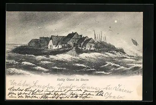 AK Hallig Oland, Teilansicht im Sturm