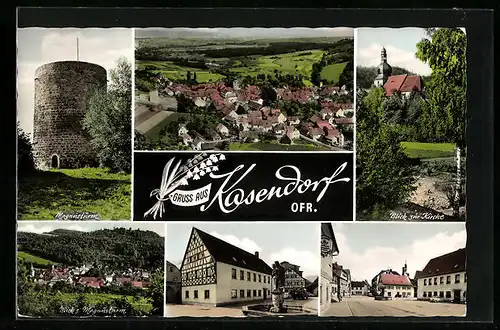 AK Kasendorf / Ofr., Ortsansicht, Magnusturm, Blick zur Kirche, Strassenpartie