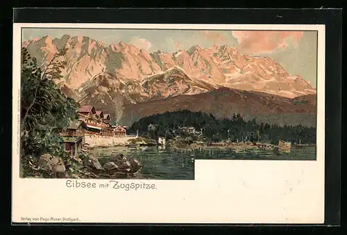 Lithographie Eibsee, Uferpartie mit Blick zur Zugspitze