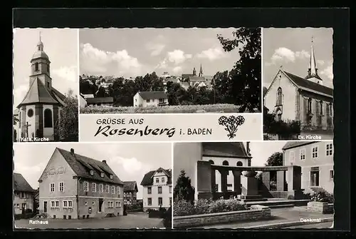 AK Rosenberg / Baden, Kath. und Ev. Kirche, Rathaus und Denkmal, Ortsansicht