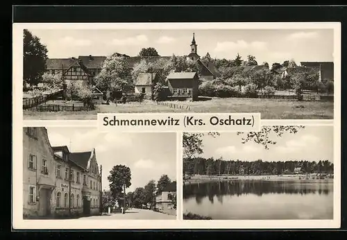 AK Schmannewitz, Panorama, Strassenpartie und Seepartie