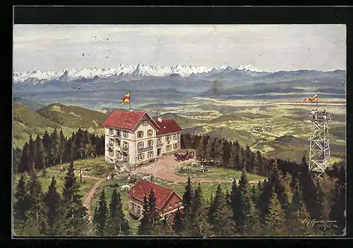 AK Badenweiler, Hotel-Pension Hochblauen mit Alpenpanorama