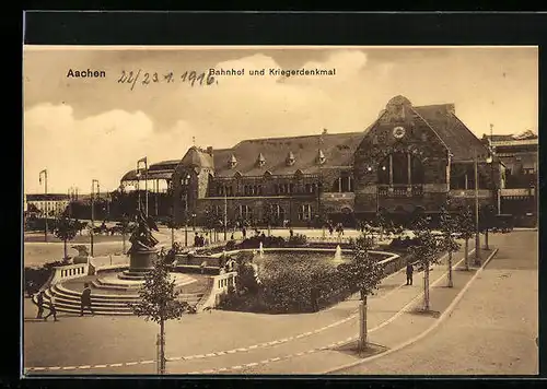 AK Aachen, Bahnhof und Kriegerdenkmal