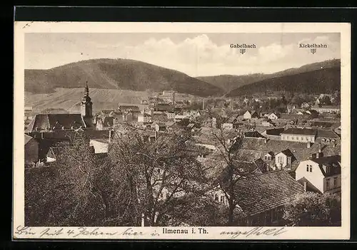 AK Ilmenau / Thür., Ortsansicht aus der Vogelschau mit Gabelbach und Kickelhahn