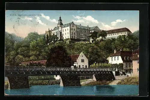 AK Gera, Schloss Osterstein, Flusspartie mit Brücke