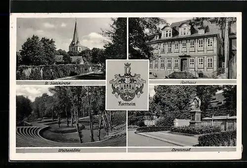 AK Northeim / Hann., Ehrenmal, Weihestätte, Rathaus und St. Sixtikirche, Wappen
