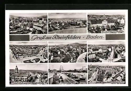 AK Rheinfelden / Baden, Ortsansicht, Rudolf-Vogel-Anlage, Rheinhafen, Friedrichstrasse mit Josefs-Kirche