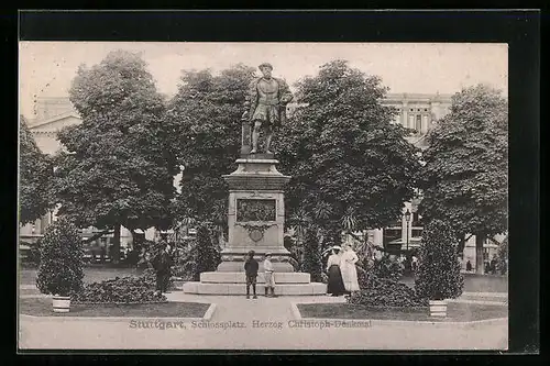 AK Stuttgart, das Herzog Christoph-Denkmal auf dem Schlossplatz