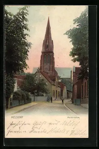 AK Meldorf, die Kirche von der Marktstrasse aus gesehen, Radfahrer