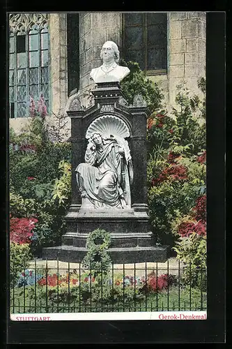 AK Stuttgart, vor dem Gerok-Denkmal