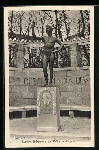 AK Stuttgart, das Burckhardt-Denkmal am Katharinenhospital