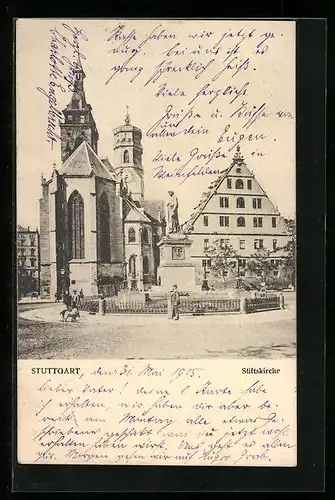 AK Stuttgart, Besucher am Schillerdenkmal vor der Stiftskirche