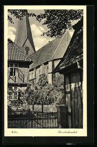 AK Eutin, Kleinstadtwinkel mit Blick zum Kirchturm