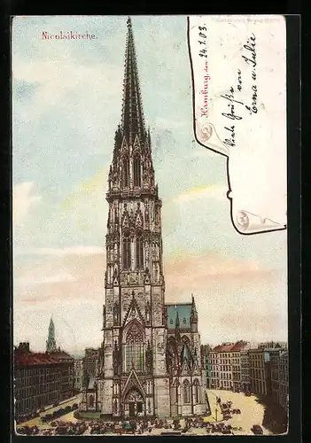 Lithographie Hamburg, Blick auf die Nicolaikirche und die Marktstände