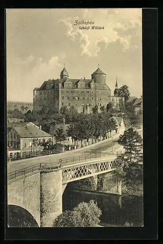 AK Zschopau, Blick über die Brücke auf Schloss Wildeck