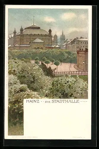 Lithographie Mainz, Blick auf die Stadthalle
