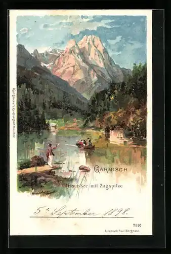Lithographie Garmisch, Risser See mit Blick zur Zugspitze