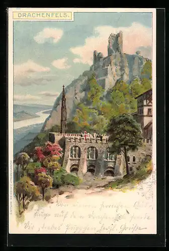 Lithographie Drachenfels, die Ruine über der Aussichtsplattform