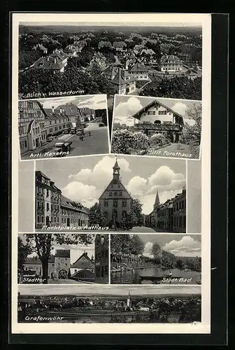 AK Grafenwöhr, Generalansicht, Blick vom Wasserturm, Marktplatz und Rathaus, Stadttor, Städt. Bad