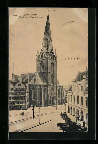 AK Kiel, Altes rathaus und Nicolaikirche am Marktplatz