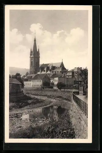 AK Freital, Christuskirche mit Weisseritz-Landschaft