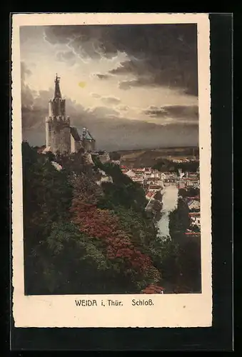 Künstler-AK Weida i. Thür., Blick auf das Schloss über der Stadt