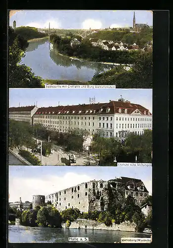 AK Halle a. Saale, Franckesche Stiftungen, Saalepartie mit Cröllwitz und Burg Giebichenstein, Ruine der Moritzburg